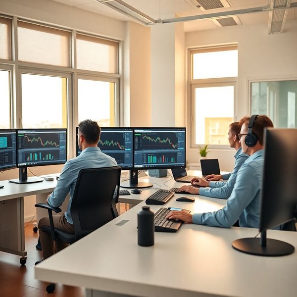 Equipo de Terralpanda trabajando en la oficina de Murcia con paneles de trading